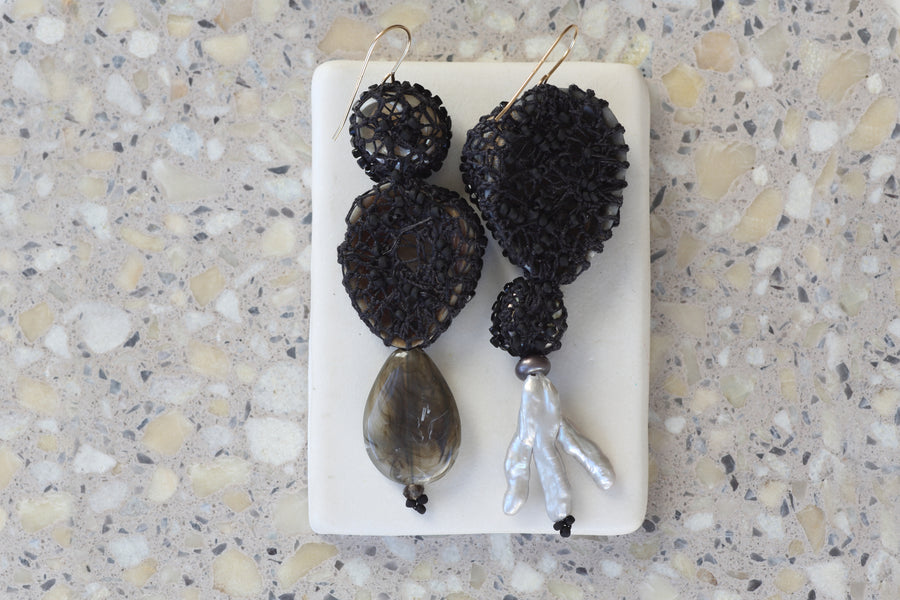 Jacki Holland Large Shell wth Black crochet earrings